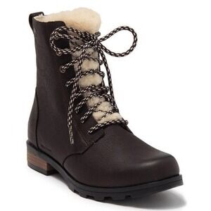 SOREL Emelie Genuine Shearling Lamb Fur Short Lace-Up Boot, Brown, Size 11, NWT